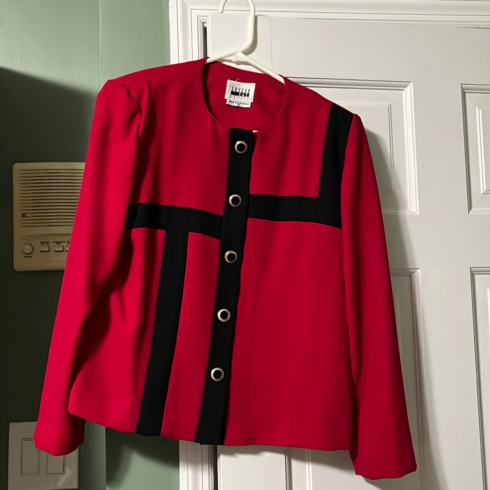 Vintage Leslie Fay petites 8P red and black 90s blazer jacket career office work